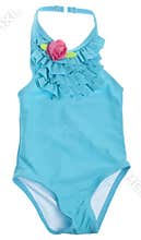 Blue Summer Bathing Suit with Pink Rose
