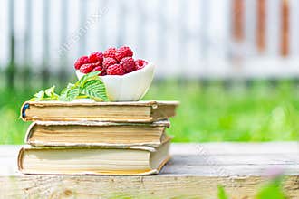 Harvest of Fresh ripe farm raspberry with leaves standing on the old books, on wooden background in white cup, plate. Book on