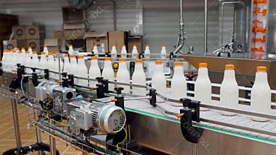 Lots of milk bottles on the production line. Plastic bottles with dairy product on the conveyor belt. Plant.