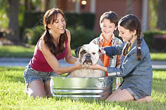 Family Washing Pet Dog In A Tin Bath Tub