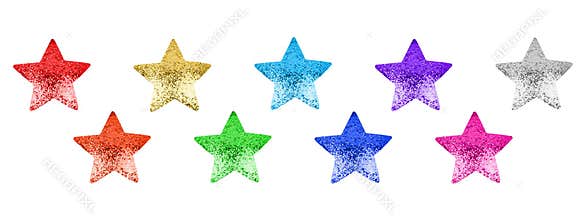 Colorful stars set white background isolated closeup, decorative shiny star shape collection, bright glitter Ð¡hristmas decoration