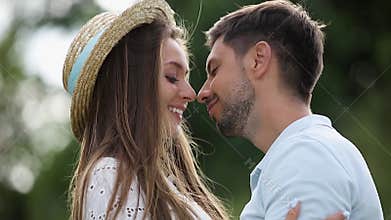 Love. Couple Flirting And Hugging On Date Outdoors