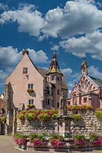 Eguisheim fountain and church