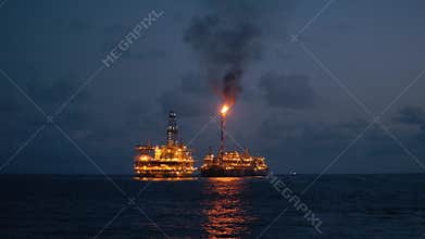 FPSO tanker vessel near Oil Rig platform. Offshore oil and gas industry