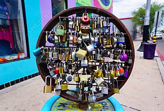 4th Avenue in Tucson, Arizona provides public displays for love locks, just north of downtown.