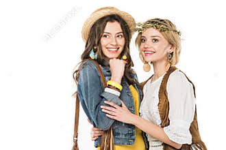 Bisexual hippie girls embracing isolated on white