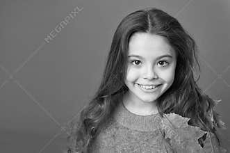 Keep skin healthy in fall. Little child wear leaves in long hair. Skincare routine for autumn. Natural skincare