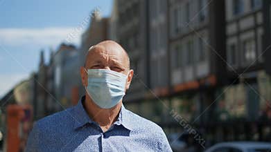 Real old age man mask walk. Senior person protect against Covid-19. Coronavirus