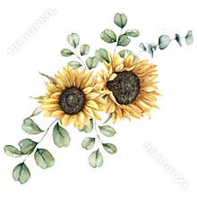 Watercolor autumn bouquet with sunflowers and eucalyptus branches. Hand painted rustic card isolated on white background
