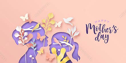 Mother`s day papercut card of mom and girl child