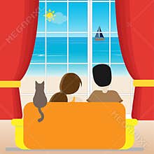 Familiy sitting on the sofa and looking on the window at a sea landscape