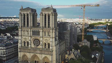 View of the reconstruction of Notre Dame Cathedral. View of the cathedral after the fire. Bird`s eye view. Aerial video filming.