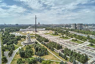 Victory monument. Victory Park on the Poklonnaya Gora the Poklonnay Hill. Cityscape aerial drone view