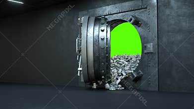 Opening Of The Vault Door In Bank with a lot of money on a green background