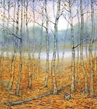 Watercolor landscape. A quiet evening in the autumn forest