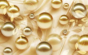 3D Wallpaper Design with Floral and Geometric Objects gold ball and pearls, gold jewelry wallpaper purple flower