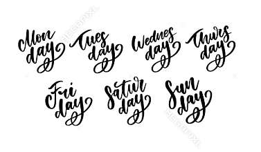 Vector handwritten week days and symbols set. Ink font. Stickers for planner and other. Clipart. Isolated