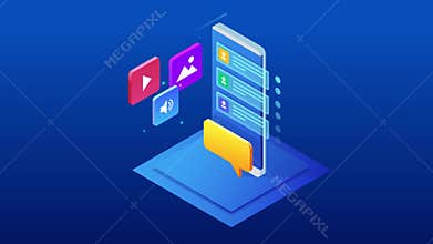 Isometric online video training or tutorial. E-Learning by the webinar training. Online education at Video blog concept