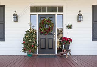 Christmas Decorations At Front Door of House