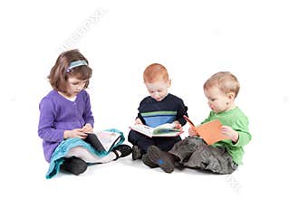 Children reading kids books isolated