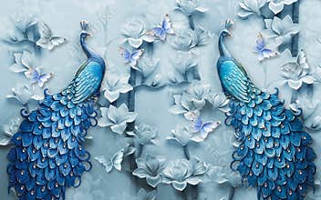 3d mural background blue peacock on branch wallpaper . with flowers
