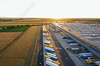 Aerial view of the distribution center, drone photography of the industrial logistic zone.
