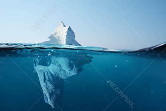 Iceberg in the ocean with a view under water. Crystal clear water. Hidden Danger And Global Warming Concept.