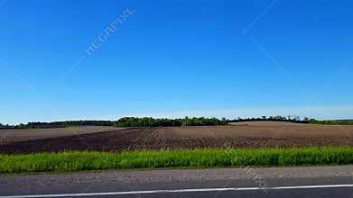 Side View Driving by Rural Farmland in Day.  Driver Point of View POV Driving Past Countryside Farm