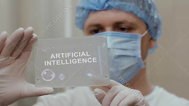Doctor uses tablet with text Artificial Intelligence
