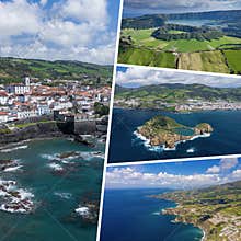 Collage of popular tourist destinations in Azores Islands. Portugal. Travel background. Aerial view