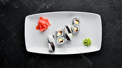 Sushi roll with fish. free space for your text.