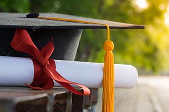 Close up focus of university graduate holds degree certificate and graduation cap celebrates in the  graduation ceremony.