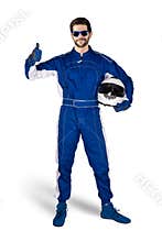 Race driver in blue white motorsport overall shoes gloves and safety gear crash helmet shows thumbs up celebrating after winning