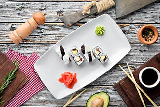 Sushi roll with fish. free space for your text.