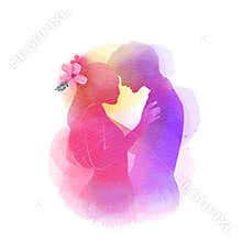 Romantic Valentine lovers silhouette on watercolor background. Love at first sign concept.  Engagement couple. Happy valentine`s