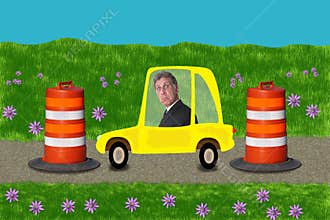 Businessman Stuck Road Construction Driving Work