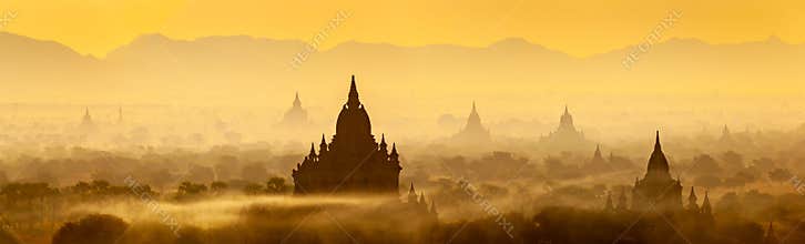 Sunrise landscape view with silhouettes of old temples, Bagan, Myanmar Burma