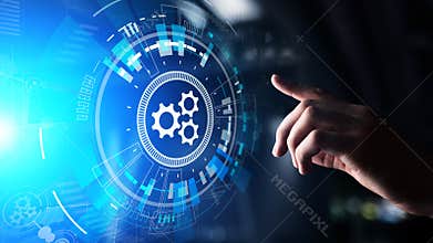 Automation, Business and industrial process workflow optimisation, software development concept on virtual screen.