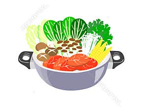 Hot pot with vegetables and meat isolated on white background.