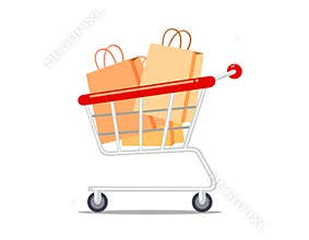 Shopping cart with paper bag isolated on white background.