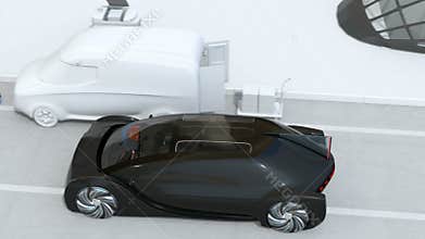 Black car emergency braking to avoid an accident when pedestrian walk out from blind spot of van