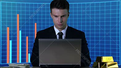 Successful millionaire working on laptop, business trends charts on background