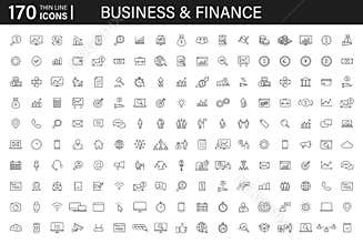 Big set of 170 Business and Finance web icons in line style. Money, bank, contact, infographic. Icon collection. Vector