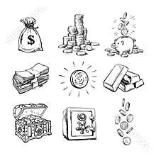 Sketch style finance money set. Sack of dollars, stack of coins, coin with dollar sign, treasure chest, paper money