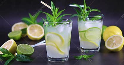 Homemade fresh lemonade with mint in glass on table