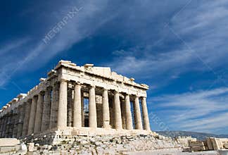 Ancient Parthenon in Acropolis Athens Greece on bl