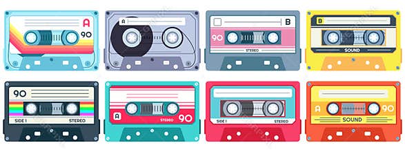 Retro music cassette. Stereo DJ tape, vintage 90s cassettes tapes and audio tape vector set