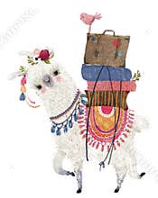 Cute cartoon lama with bird and bags