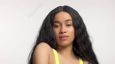 Beauty mixed race african american model in studio portraits with long hair wig