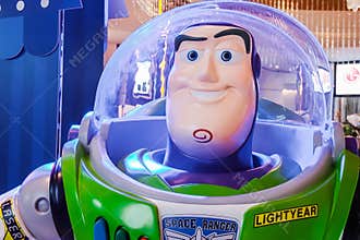 Model Buzz Lightyear robot toy character form Toy Story animation film at the cinema.